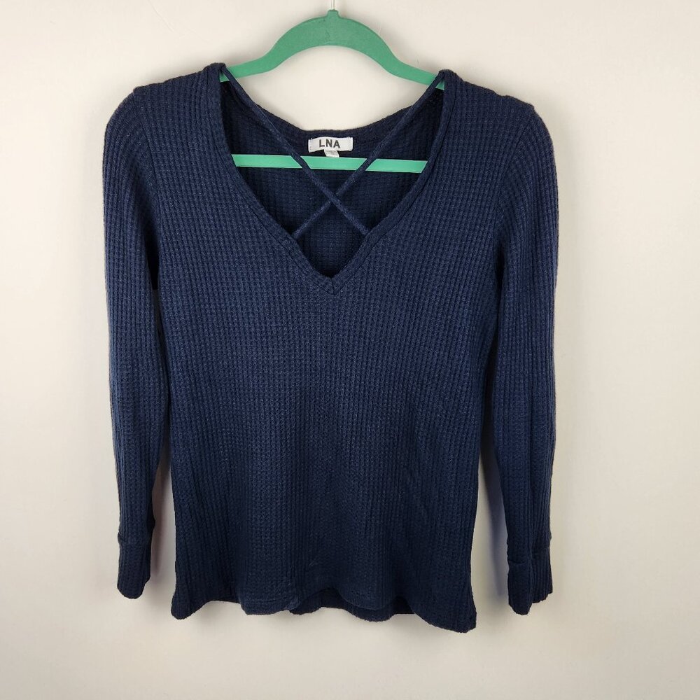 LNA Revolve Cross Strap Waffle Knit Long Sleeve Thermal Sweater Top Navy Blue M